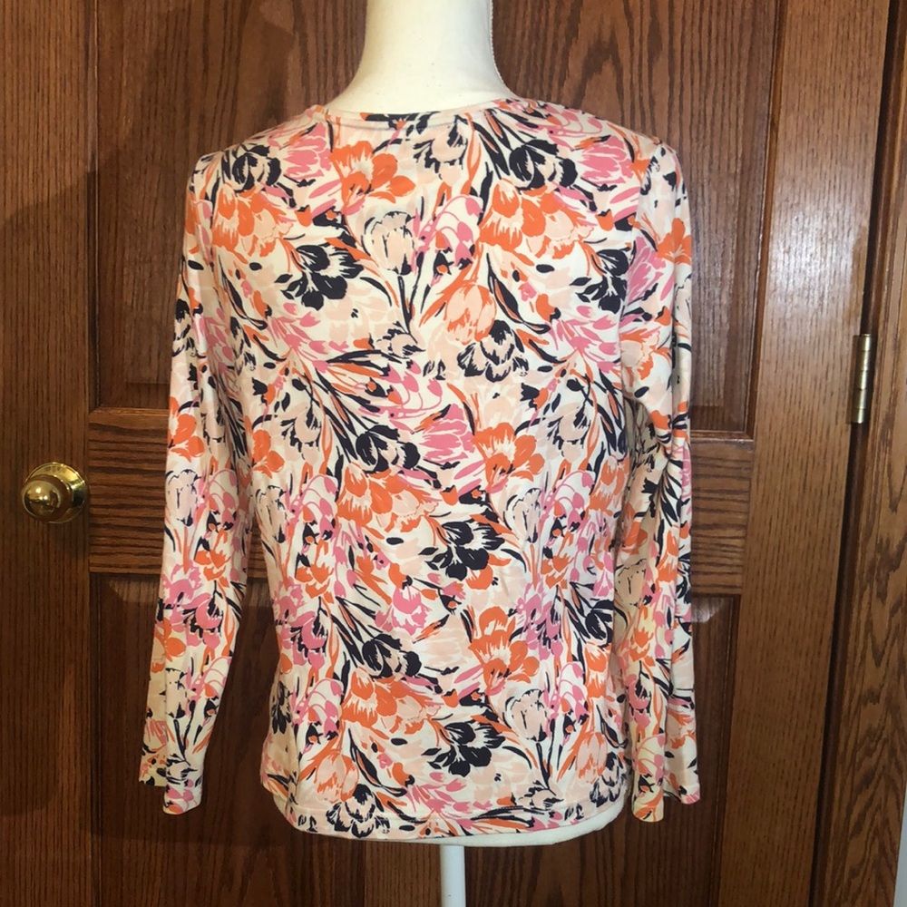 Croft & Barrow Orange and Pink Floral Long Sleeve Crew Neck Blouse - Picture 3 of 6